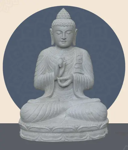 Product image of the product “Seated Buddha made of Riverstone in Dharmachakra gesture of wheel of the teaching of the Dharma, H. 79cm. ”